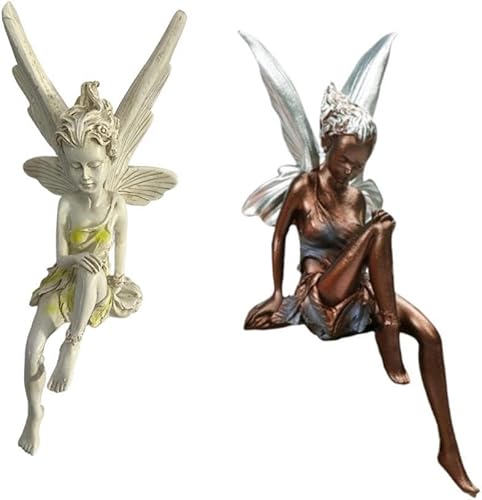 Miniatura 6 de Generic Estatua de jardín sentado de resina, hada realista con escultura de ala, encantador ángel de cuento de hadas al aire libre, adorno para