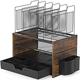 Simple Houseware Mesh Desk Organizer with Wooden Side Board and Metal Bars, 3 Shelves and 5 Upright Sections, Rustic Brown