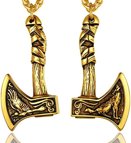 ChainsPro Men Axe Necklace, Norse Viking Jewellery for Boy, Silver/Gold/Black (Gift Wrapped)