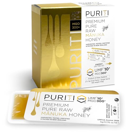 PURITI Genuine Raw Manuka Honey Snaps On The Go - UMF 10+ (MGO300+) 21 x 0.18oz Individual Snap Packets, Single Serve Honey Sticks for Tea, Travel & Snacks, Certified, Authentic Made in New Zealand