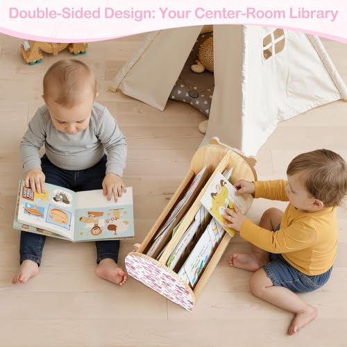 Image of Toddler Bookshelf Double-Sided with 4 Tier Deep Sleeves Kids Wooden Montessori Book Rack for Baby Nursery Room, Playroom, Classroom or Bedroom Bookcase Storage Organizer, Pink Flowers