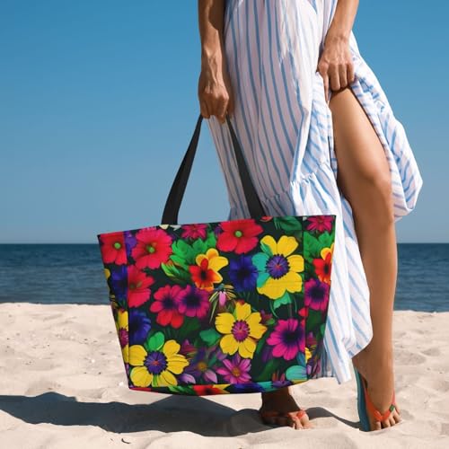 Large Capacity Beach Bag Waterproof Pool Tote for Gym Swimming Camping Carry On Bag Rainbow Flowers pattern Print3