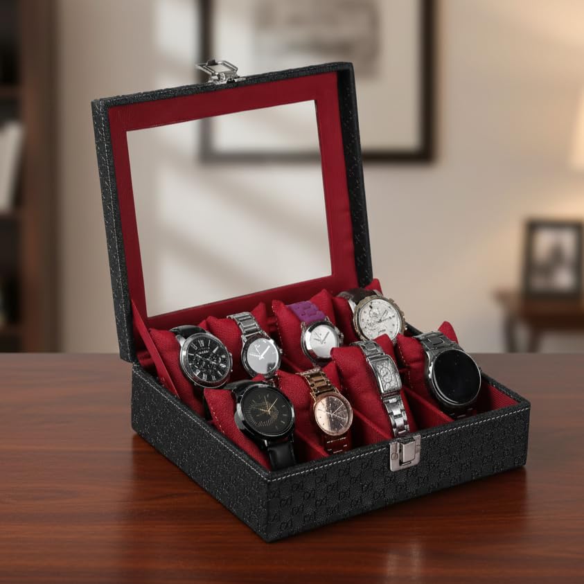 Image of STORESHINE Unisex 8 Slots Watch Organiser Box Black and Maroon