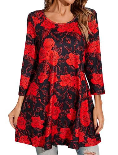 Enmain Tunique Femme Grande Taille à Manches Longues Tuniques Top Blouse Casual Élégant Chic Blouse Ample T-Shirt pour Femme Noir Rouge L