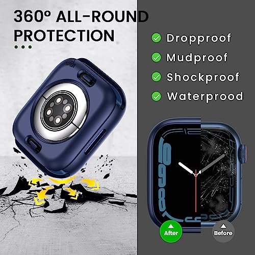 Image of 3 in 1 Goton Waterproof Hard Case for Apple Watch Screen Protector 44mm, 360 Slim Full Protective Tempered Glass Face Cover + Back Hard PC Bumper for iWatch SE 3 /SE 2 /SE, Series 6 /5 /4, 44mm Blue