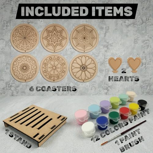 Image of BAGJI TOYS DIY Coaster Painting Kit for Kids & Adults - 6 Pre-Marked Wooden Tea Coasters with Stand, 12 Acrylic Colours & Brush - Mandala Art & Craft DIY Set - Beginner Friendly Painting Craft Kit, Birthday & Gift Activity (MandalaA2)