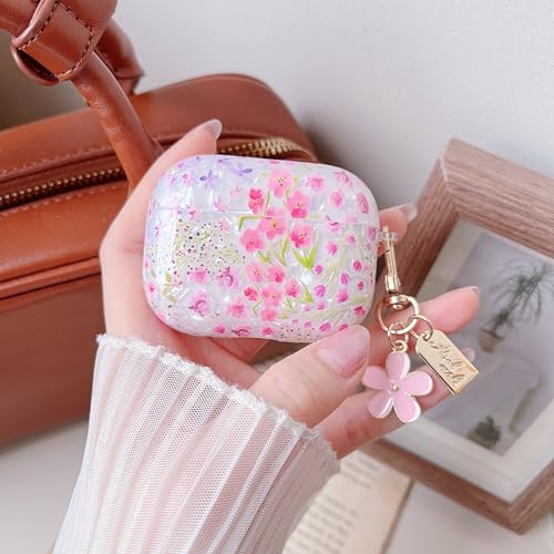 Image of MINSCOSE for Cute Glitter AirPods Pro 2nd /1st Generation Case,Shell Pattern Cartoon Flower Aesthetic Design with Floral Keychain,Soft TPU Protective Cover with Cleaner Kit for AirPods Pro /Pro 2-Pink