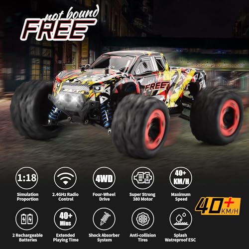 Image of 1:18 Scale 40+km /h High Speed Remote Control Car, 4x4 Waterproof Off Road RC Cars with Extra Shell, Fast 24GHz All Terrain Toy Trucks for Boys and Adults, 2 Batteries for 40mins Fun A1