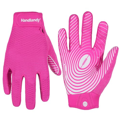 HANDLANDY Football Gloves Men Sticky Wide Receiver Grip Gloves Hot Pink Stretch Fit Football Gloves Adult (Hot Pink- Adult X-Large)