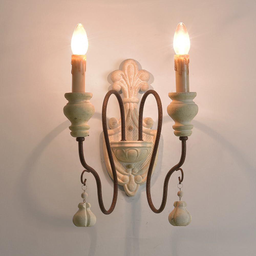 Wall Lamp Lighting Distressed White Farmhouse Indoor Wall Sconce 2-Light Candle French Country Wall Light Wood Hallway Wall Mounted Antique Mid Century Wall Lamp for Bedroom Living Room Bathroom Kitch