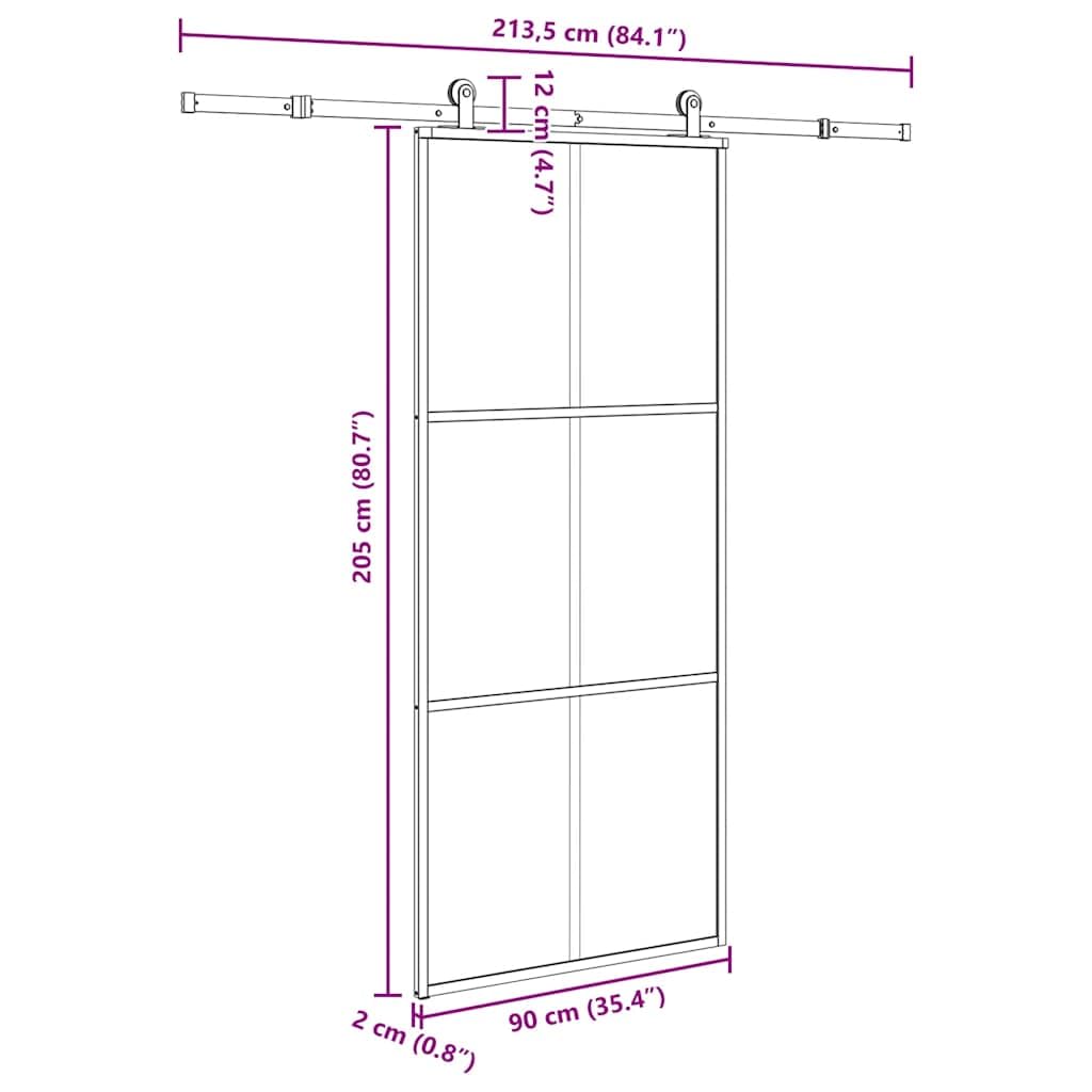 Juego completo de puerta corredera 90 x 205 cm vidrio templado aluminio negro | Puerta corredera de cristal para ahorrar espacio para dormitorio y sala de estar, incluye un sistema de rieles robustos.