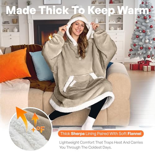 Giggling Getup Wearable Blanket Hoodie for Women Men Gifts for Women Mom Wife Sherpa Fleece Hooded Blanket Sweatshirt Warm Cozy Sherpa Wearable Throw with Pocket & Sleeves for Adult Standard Latte