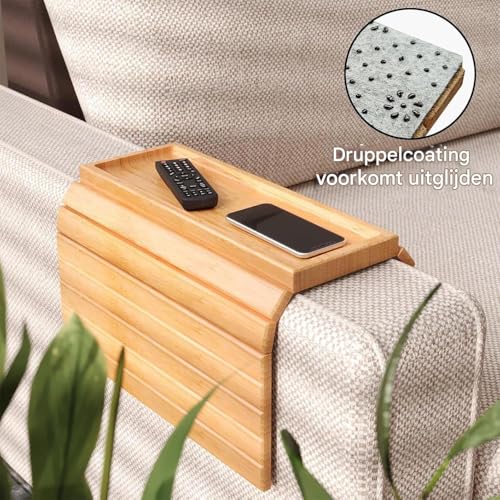 Mesa de reposabrazos de sofá plegable de madera con soporte para vasos y teléfono 6