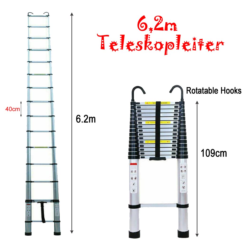 Escalera telescópica de aluminio de 6,2 m con 2 ganchos, 15 peldaños, capacidad de carga de 150 kg, EN131