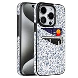 Obbii for iPhone 15 Pro Case with Card Holder Soft Leather Wallet Case Protective Shockproof Hard Cover for Women Girls (Blue Floral Flower)