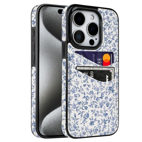 Obbii for iPhone 15 Pro Case with Card Holder Soft Leather Wallet Case Protective Shockproof Hard Cover for Women Girls (Blue Floral Flower)