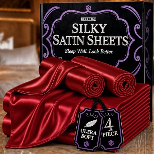 DECOLURE Satin Bed Sheets - 4 Piece Luxury Silky King Size Bedding Set - Softer Than Silk Wrinkle-Free with 15 Deep Pocket Fitted Sheet Perfect for Hair & Skin Gifts for Women (Red)