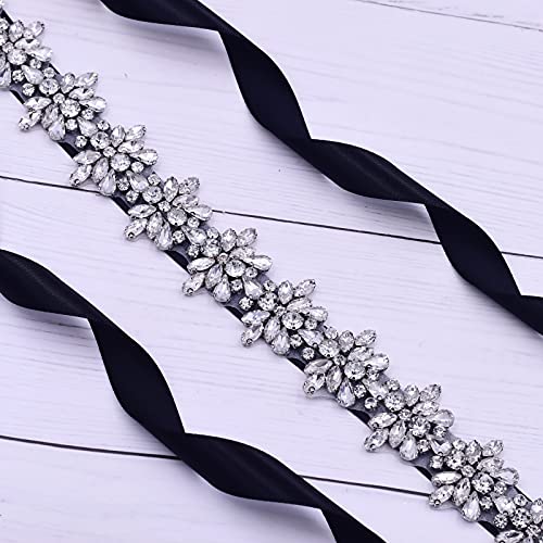 Top Queen Women's Crystal Diamond Bridal Belt Sashes Wedding Belts Sash For Wedding, Black, One Size #TOP4