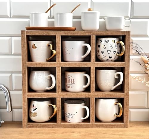 Image of Hamdan Collection Wall Mounted Mug Shelf - Coffee Cup Storage - Kitchen Wall Rack - Floating Cup Organizer - Rustic Coffee Bar Shelf (SQ 9 Compartment)