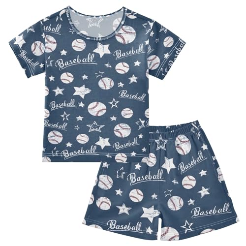 ALAZA Star Baseball Navy Blue Pajamas Set Short Sleeve Cotton Sleepwear Summer Pjs 2 Piece 5-14Y