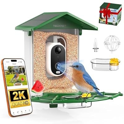 TECKNET Smart Bird Feeder with Camera, 2K UHD Video, AI Bird Species Identification, Instant Arrival Alerts, Solar Powered, Waterproof Birdhouse Camera, Gift for BirdLovers, Family, Green