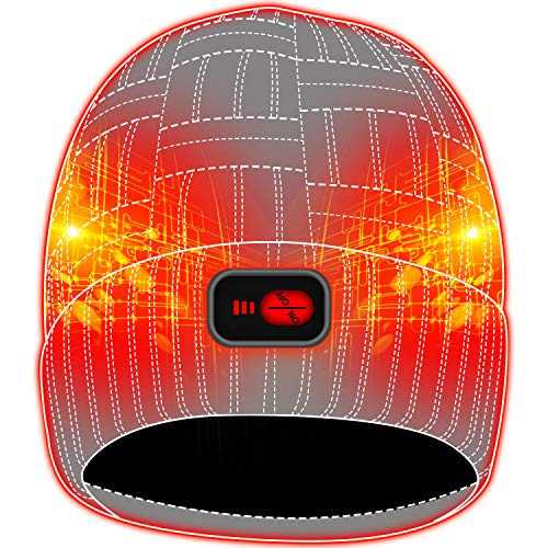 Autocastle Men Women Rechargeable Electric Warm Heated Hat Winter Battery Heat Skull Beanie (Thick-Strips-Grey, One Size)