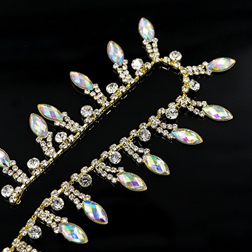 De.De. 1 Yard AB Resin Crystal Applique Rhinestone Bridal Trim Fashion Chain Fringe Embellishment Gold