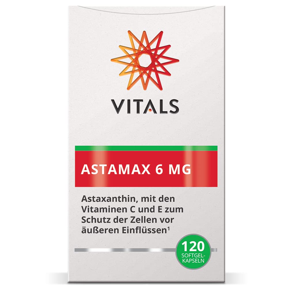Vitals - Astamax 6mg hohe Dosis Astaxanthin 120 Softgel-Kapseln. Natürliches Astaxanthin aus Algen mit Vitamin C und E. Mit AstaReal vom Astaxanthin-Experten AstaReal