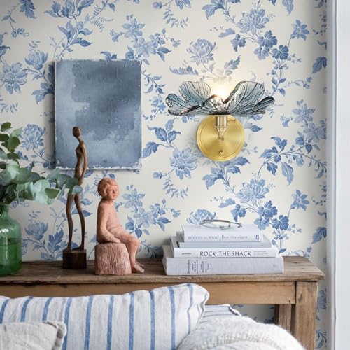 Image of Vintage Wall Sconces Set of 2 Blue Flower Glass Shade Gold Brass Base Bathroom Vanity Lights Over Mirror Mid Century Modern Wall Lighting Fixtures for Bedroom Hallway Living Room