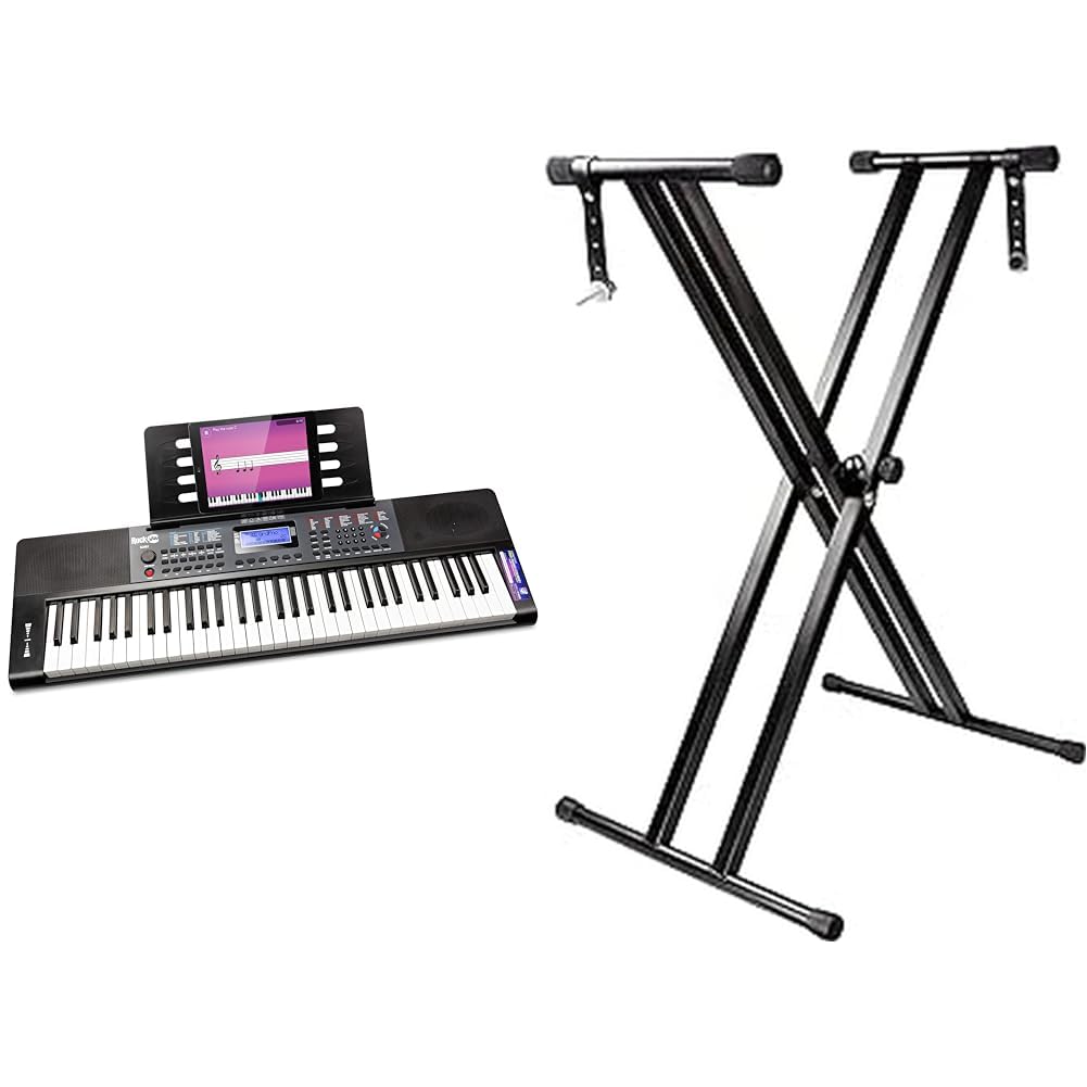 RockJam Clavier de piano 61 touches avec Pitch Bend, alimentation, support de partition & Support pour clavier réglable double embase RockJam avec sangles de sécurité