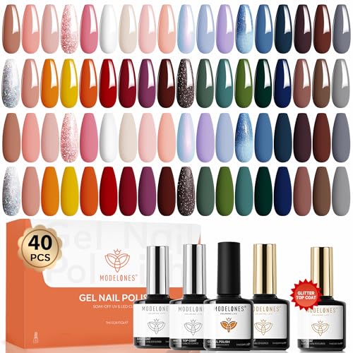 Image of modelones 40 Pcs Gel Nail Polish Set, 36 Colors Nude Brown Green Red Gel Polish White Maroon Orange Blue Glitter Nail Polish with Base & Matte /Glossy /Glitter Top Coat LED Mani Gift