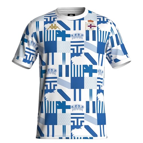 Kappa AMIROMS Deportivo - Camiseta Deportivo de la Coruña - 100% Poliéster - Ajuste Regular, Manga Corta y Cuello Redondo - Diseño Estilo Deportivo - Color Blanco y Azul - Talla L