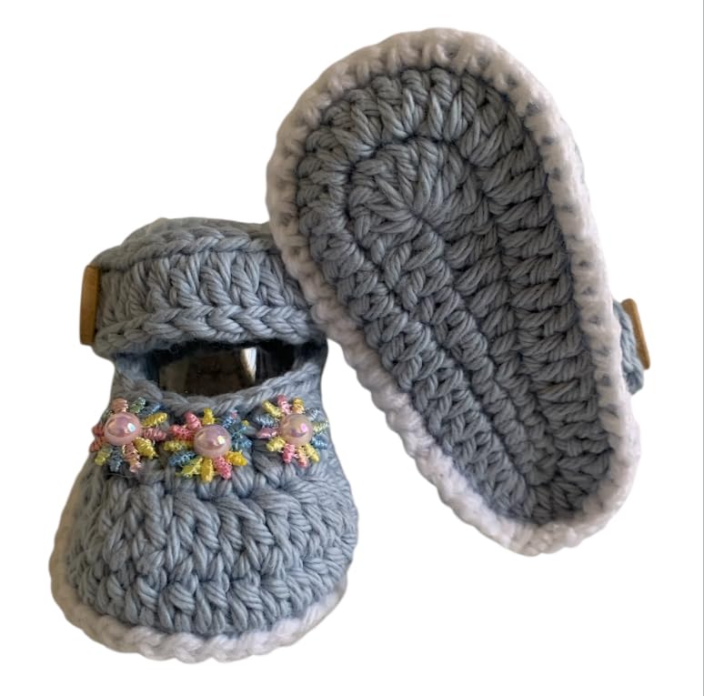 Handmade Baby Girl Mary Jane Booties, Crochet Cotton, Gray with Floral Detail3