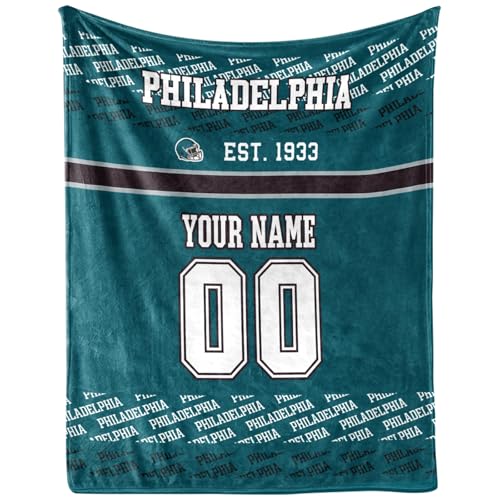 Philadelphia Throw Blanket Custom Football Blanket with Name and Number Personalized City Football Lovers Fan Gifts Soft Fleece Flannel Blanket for Sports Fan Men Boys Kids