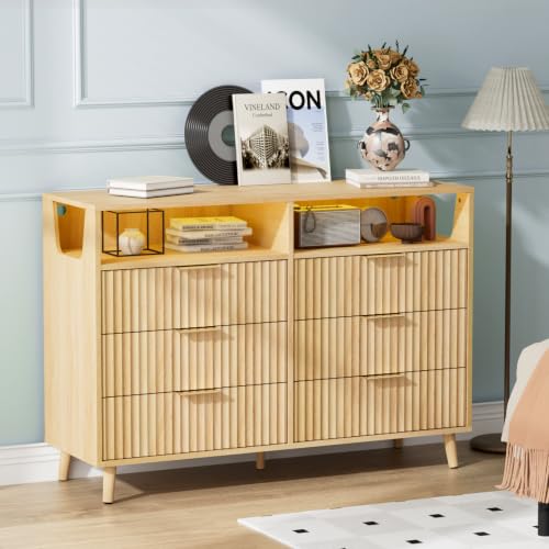 Image of VINGLI Fluted Dresser Led, 6 Drawer Dresser for Bedroom, Light Wood Bedroom Dressers Oak, 47 inch W*15.75 inch D*33 inch H