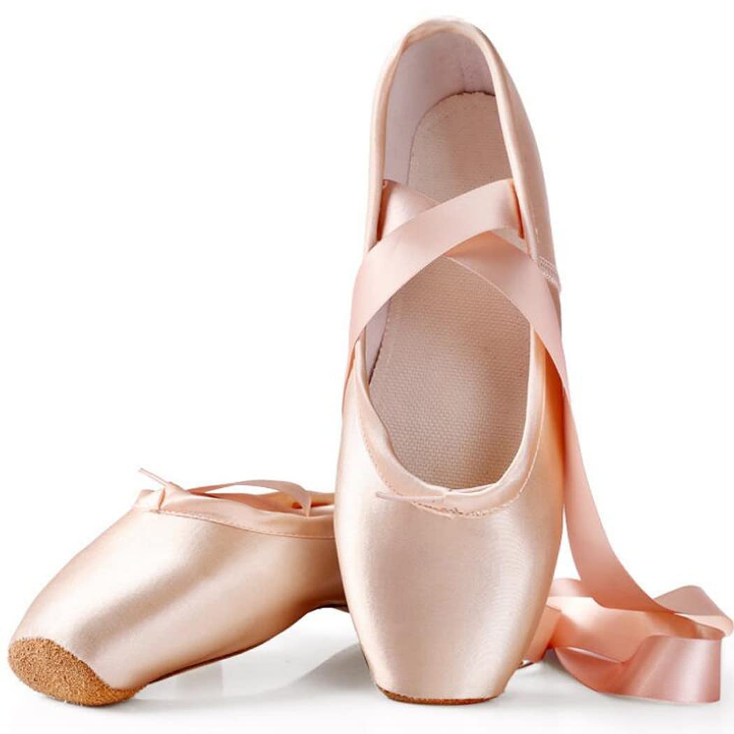 Zapatillas de Ballet de Punta Pointe Zapatos Satén con Suela de Cuero y Cintas para Niñas Rosa