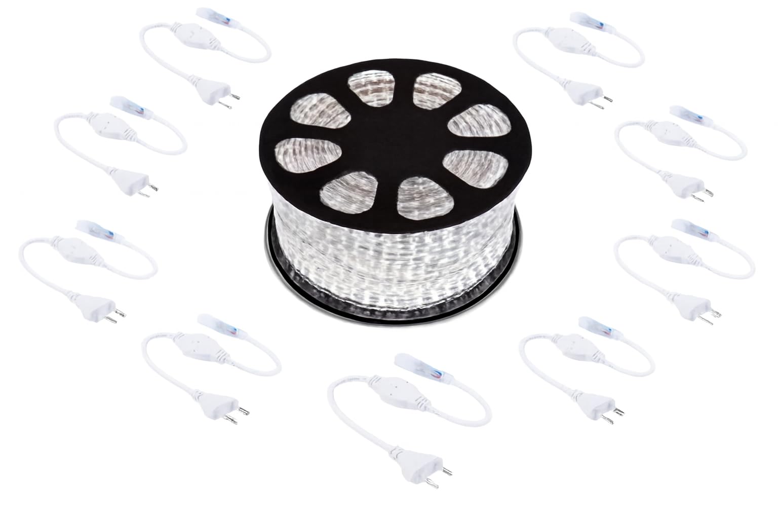 Generico Striscia LED 220V 100 Metri – LED Strip 6500K Bianco Freddo SMD 5050 – Flessibile Interno Esterno IP65 – Bobina con 10 Spine Incluse – Illuminazione Decorativa a Basso Consumo