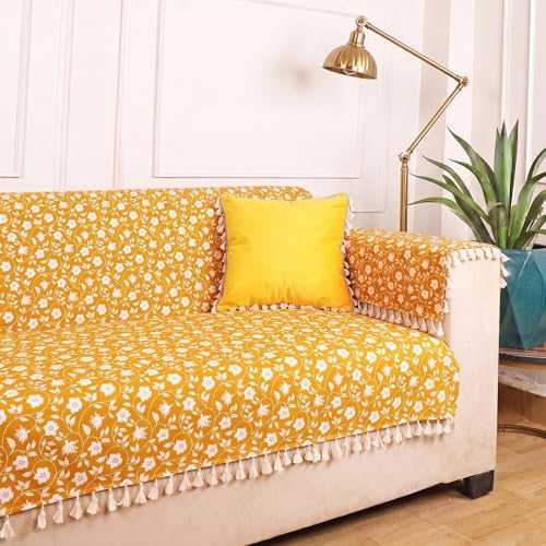 Image of ishro home Premium Sofa Cover 2 Seater Protecter with 2 Handle Covers - Soft European Standard Fabric, Frill Design, Machine Washable | (Yellow Floral, 2 Seater)