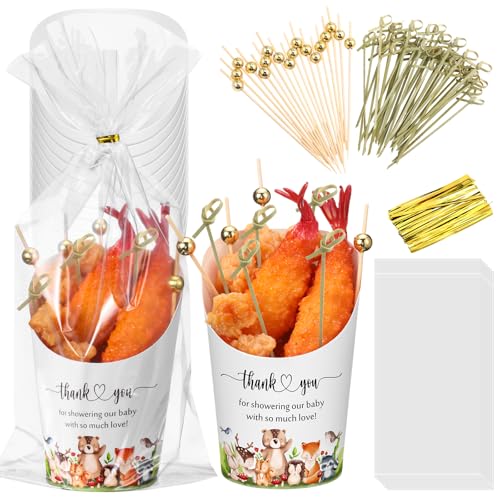 MotiMind 50 Set Baby Shower Woodland Charcuterie Cups with Sticks and Bags 20 oz French Fry Cups Disposable French Fries Holder 200 Cocktail Picks 100 Ties 100 Bags for Baby Shower Favors Decoration
