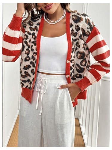 Floerns Women's Leopard Striped Print Long Sleeve Cardigan Button V Neck Sweater Outerwear3