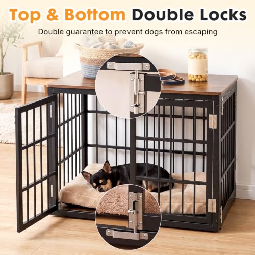 Image of NEWBULIG 38 Inch Dog Crate Furniture for Small Dogs, Space Saving Pet House End Table with Double Lock Door, Heavy Duty Indoor Kennel for Living Room, Black & Rustic Wood
