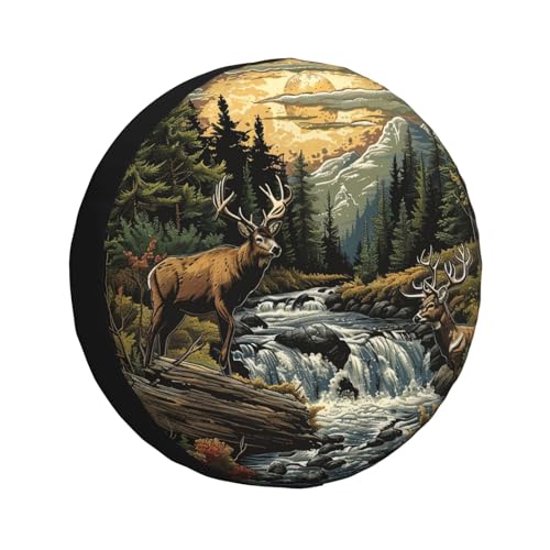 Image of Landscape and Deer Spare Tire Cover Wheel Protectors Weatherproof Deer Pattern Wheel Covers Universal Fit for Trailer RV SUV Truck Camper Travel Trailers Accessories 14 Inch