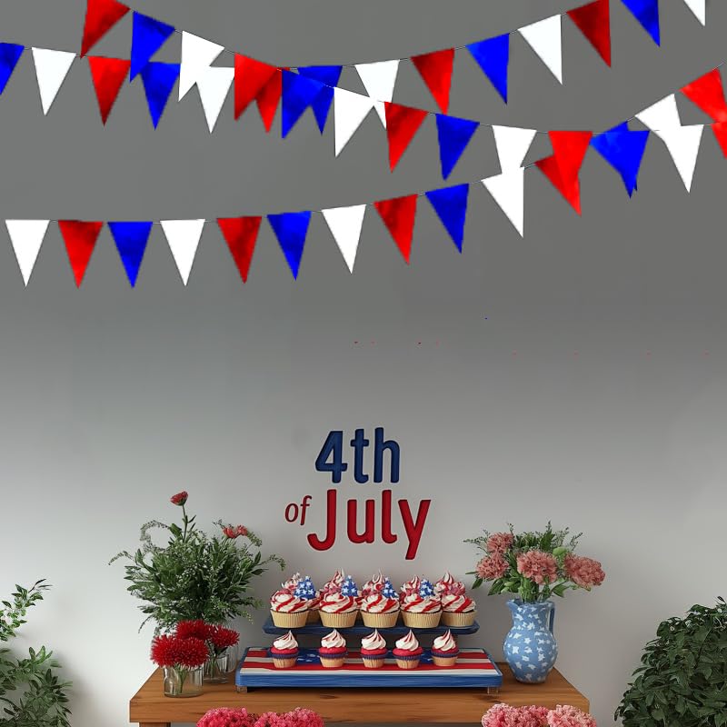 Image of Patriotic Hanging Triangle Flag Pennant Garland Red White and Blue Hanging Paper Pennant Streamer for 4th of July, Independence Day, Memorial Day, Veterans Day, Labor Day Decorations 30 Feet