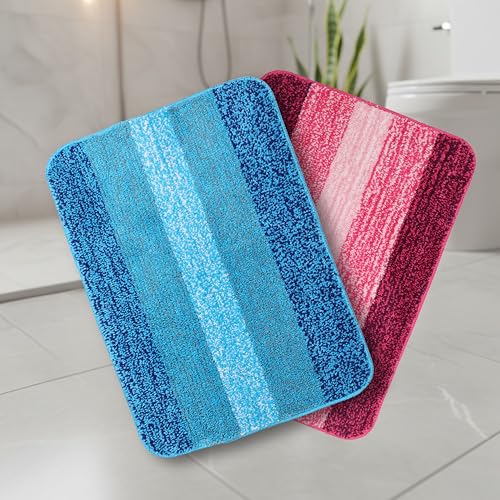 Image of SARAL HOME EASY LIVING Microfiber Striped Rectangle Shaped Anti-Skid Bath Mats|Soft & Super Absorbent Mats for Shower|Washable, Non-Slip & Quick-Drying Mats, 50X70 CM|Pack of 2(Turquoise & Pink)