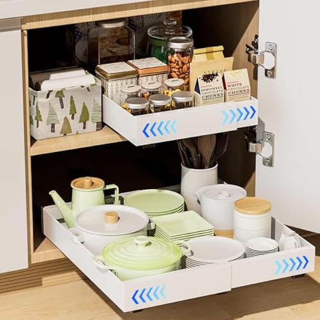 21 Inch Deep Pull Out Cabinet Organizer 2 Pack, Expandable Slide Out Drawers for Cabinet Shelves Heavy Duty with Adhesive Nano Film for or Kitchen, Bathroom, Pantry, Under Sink Storage (White)