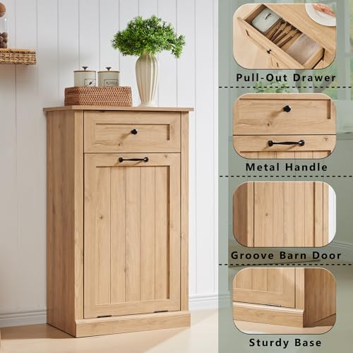 Image of IFGET Tilt Out Trash Can Cabinet, Trash Cabinet w /Drawer, Natural