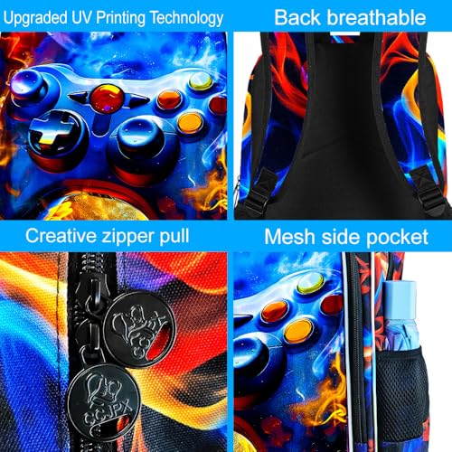Image of 17 inch Gamer Backpack for Boy, 3Pcs Fire Bookbag for Elementary Preschool Kindergarten, Kids School Backpacks with Lunch Box (Red)