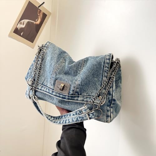 Image of Large Denim Purses for Women Denim Tote Bag Casual Retro Crossbody Lightweight Shoulder Bag Canvas Handbags