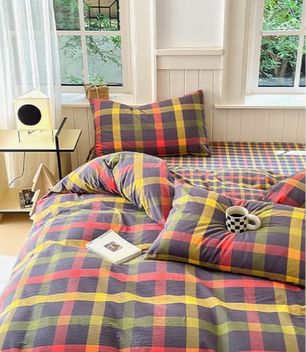 Image of LifeTB Full Comforter Set Geometric Checkered Pattern Comforter Multicolor Grid Plaid Gingham Bedding Comforter Set Soft Fluffy Lightweight Bedding 3 Pieces Grid Bed Comforter with 2 Pillowcases
