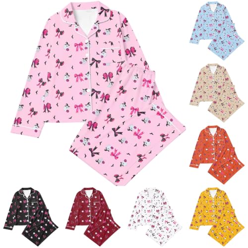 Halloween Pajamas,Womens Halloween Pajamas Long Sleeved Button Wide Leg Pant Print Pjs Sets *Pink Small - image 1